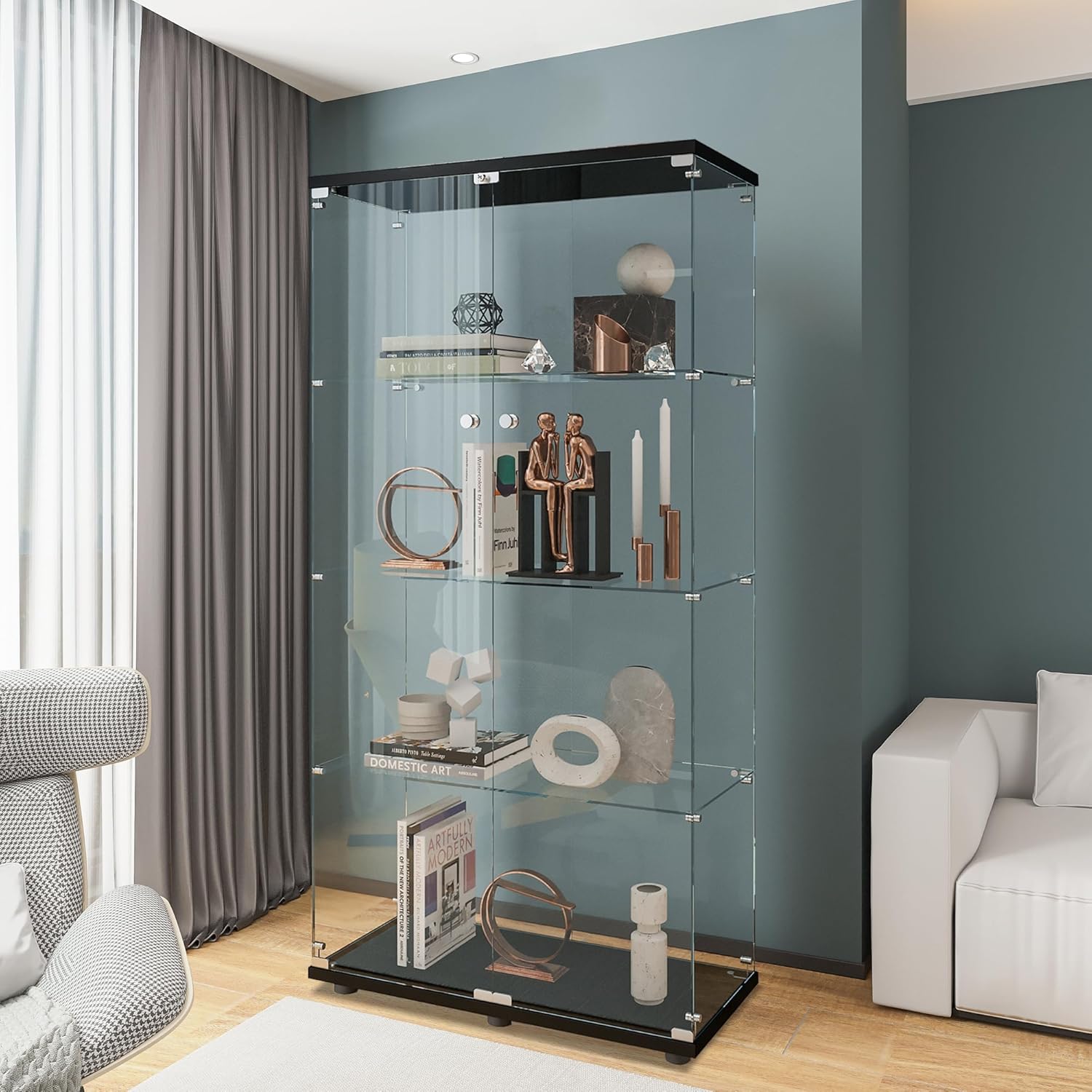 Home Office Living Room - Glazen vitrinekast met 4 planken, 2
